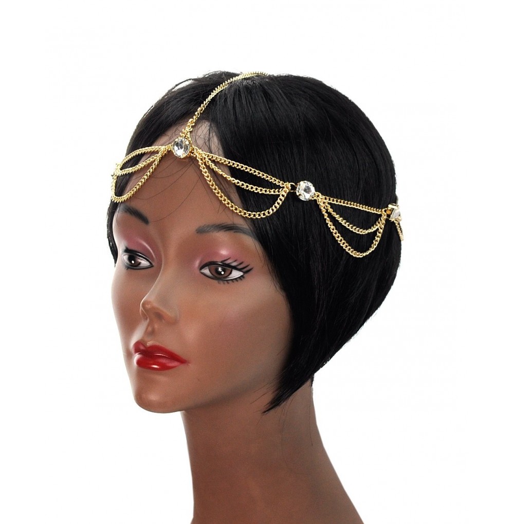 Headbands Women's Bohemian Fashion Head Chain Jewelry - Rhinestone Charm 2 Draping Strand- Gold-Tone - Gold-Tone - CI1211L4QET