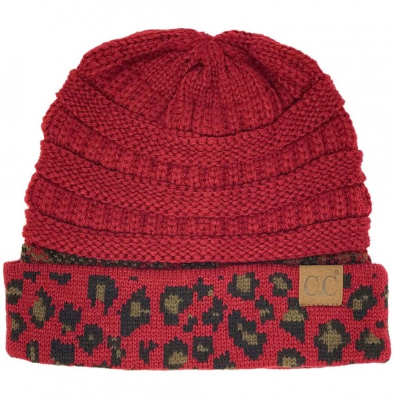 Skullies & Beanies Winter Fall Trendy Chunky Stretchy Cable Knit Beanie Hat - Leopard Burgundy - CA18Y6054YN