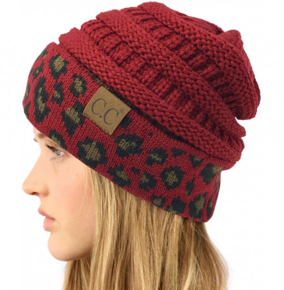 Skullies & Beanies Winter Fall Trendy Chunky Stretchy Cable Knit Beanie Hat - Leopard Burgundy - CA18Y6054YN