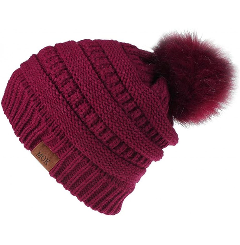 Skullies & Beanies Women Casual Knit Hats Beanie Hat Large Pom Ladies Winter Warm Cap - Wine - CQ18AYY7NDM