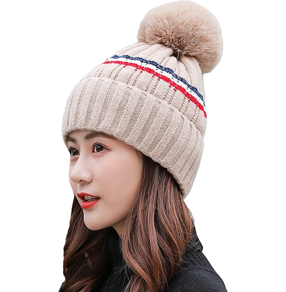 Skullies & Beanies Winter Beanie Hat Warm Knitted Hat for Women with Cute Pompom - Khaki - C81924UGKQG