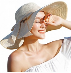 Sun Hats Womens Big Bowknot Straw Hat Foldable Roll up Sun Hat Beach Cap UPF 50+ Protection Sun Hats 041 - Ivory-a - CY18T2WYNAE