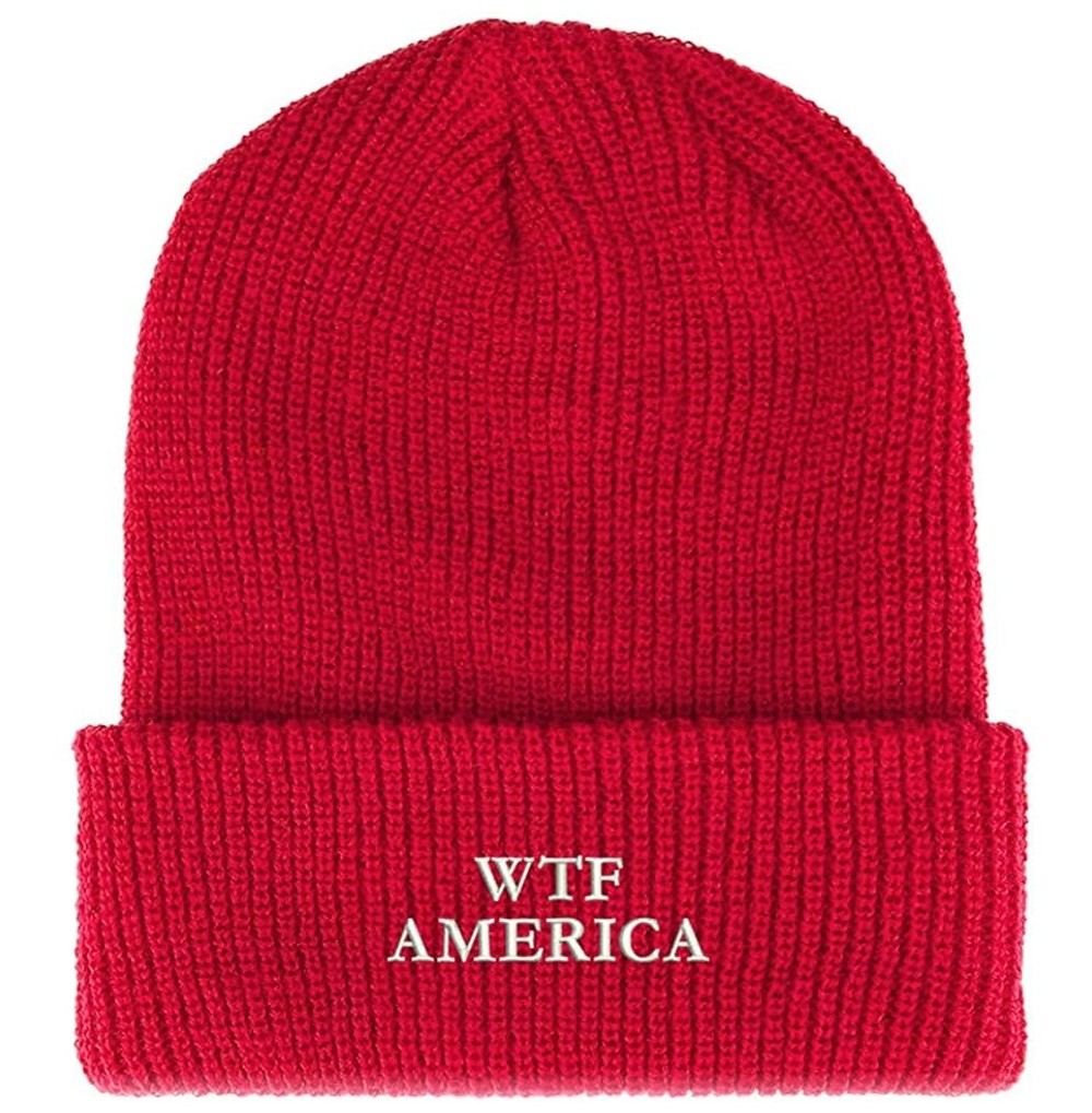 Skullies & Beanies WTF America Embroidered Ribbed Cuffed Knit Beanie - Red - CZ189GXIEKW
