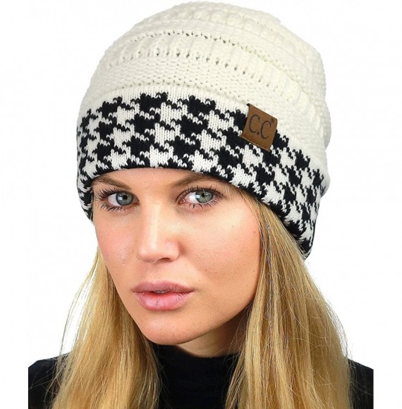Skullies & Beanies Cable Knit Soft Stretch Multicolor Houndstooth Stitch Cuff Skully Beanie Hat - Houndstooth Ivory - CM187C2...
