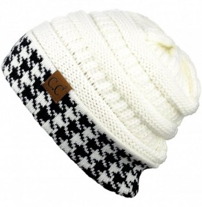 Skullies & Beanies Cable Knit Soft Stretch Multicolor Houndstooth Stitch Cuff Skully Beanie Hat - Houndstooth Ivory - CM187C2...