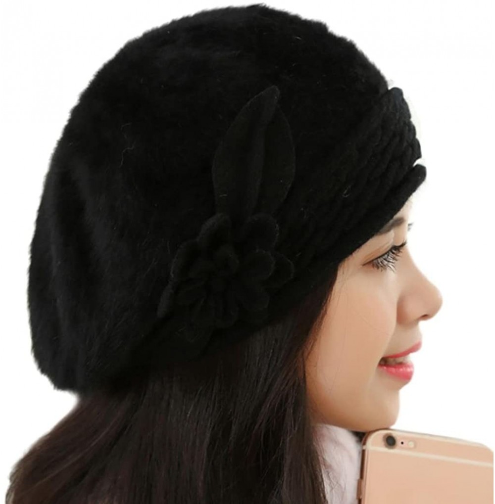 Berets Winter Beret Cap Womens Flower Knit Crochet Beanie Hat Winter Warm Cap - Black 1 - CN185LI2L9L