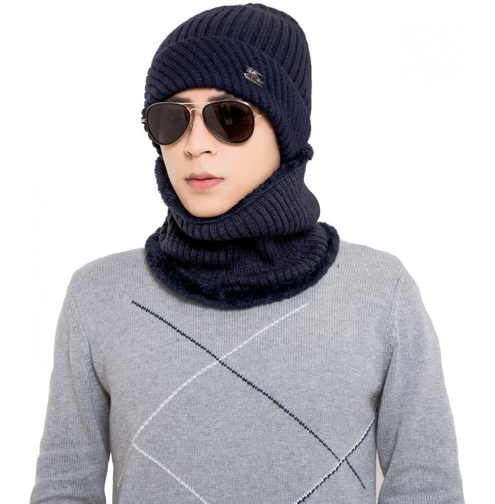 Skullies & Beanies Winter Beanie Hat Scarf Set Fleece Lining Warm Knit Hat Thick Knit Skull Cap - Navy - CF1878LKWWY