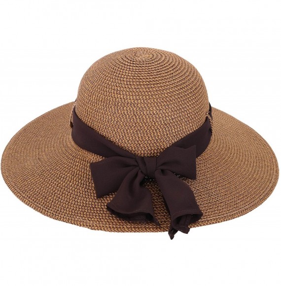 Sun Hats Straw Hat Women's Wide Brim Summer Beach Sun Hat w/Bowtie Ribbon - Brown - C4182IHLG5Z