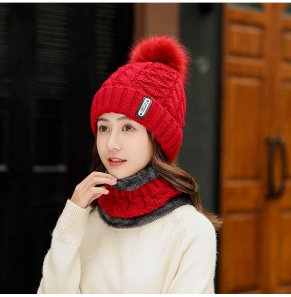 Skullies & Beanies Womens Winter Beanie Hat Scarf Set Warm Fuzzy Knit Hat Neck Scarves - D-red - CS18ZKZHD42