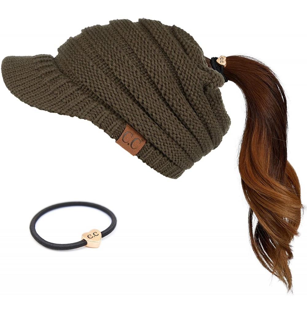 Skullies & Beanies Messy Bun Ponytail Visor Brim Beanie Hat Bundle Hair Tie (MB-131) - New Olive - With Cc Ponytail Holder - ...