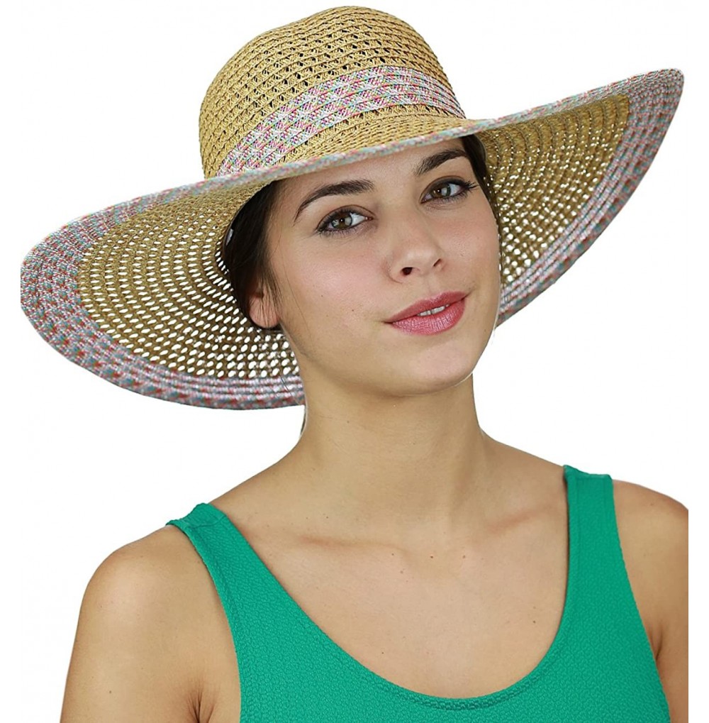 Sun Hats Women's Open Weaved Multicolored Band and Wide Brim Floppy Summer Sun Hat - Shine Mix - C617YU5KG09