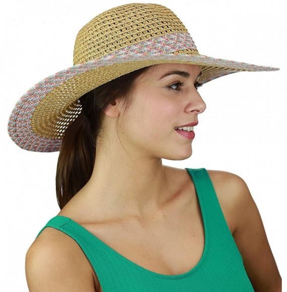 Sun Hats Women's Open Weaved Multicolored Band and Wide Brim Floppy Summer Sun Hat - Shine Mix - C617YU5KG09