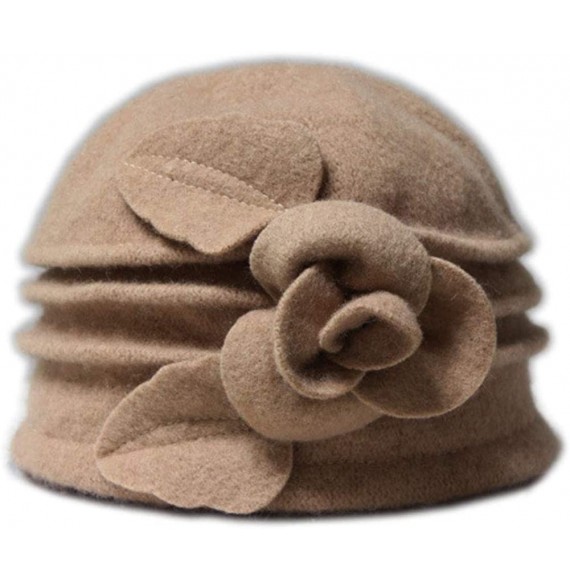 Bucket Hats Flower 100% Wool Dome Bucket Hat Winter Cloche Hat Fedoras Derby Hat - C-light Tan - C718HEE5432
