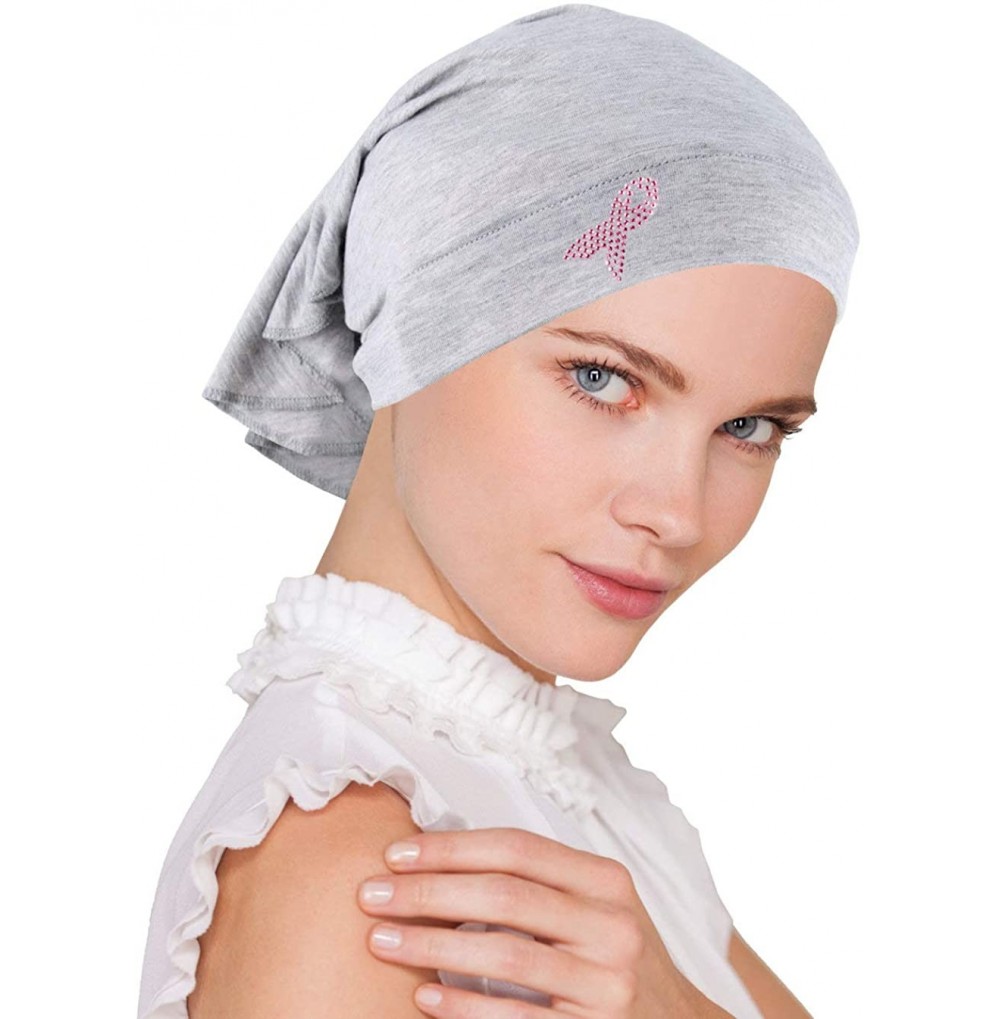 Skullies & Beanies Breast Cancer Awareness Soft Bandana Head Wrap Hat with Pink Ribbon Metallic Rhinestud - 05- Heather Gray ...