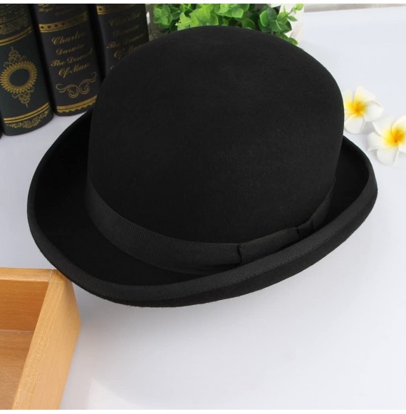 Fedoras Men's Wool Derby Bowler Hat Satin Lined Roll Short Brim Fedora Hat Gentleman Hat with Feather - Black - CF185U9EUZM