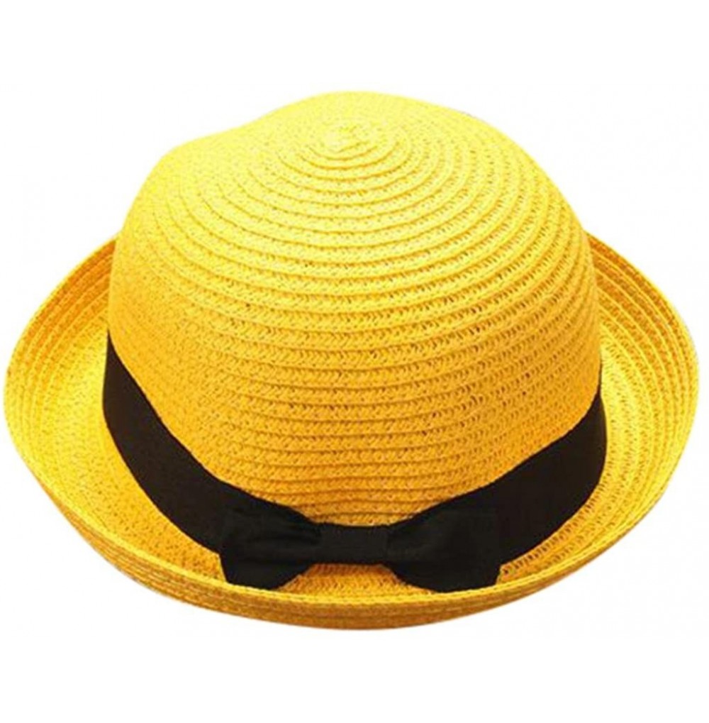 Fedoras Sun Hats Caps- Adult Parent & Kids Bowknot Breathable Hat Straw Hat Summer Beach Hat - Yellow - CK18EXWDKO9