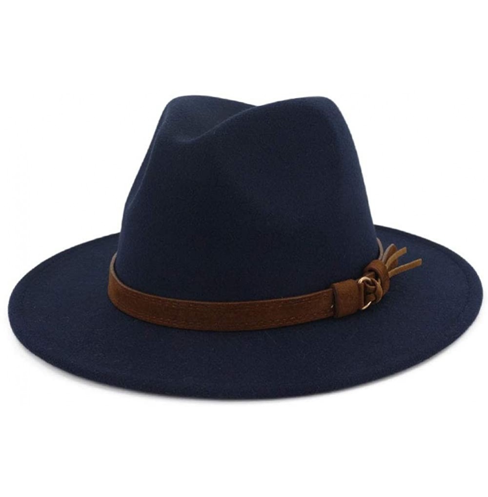 Fedoras Men & Women Vintage Wide Brim Fedora Hat with Belt Buckle - A Buckle-navy Blue - CV18L558HEG