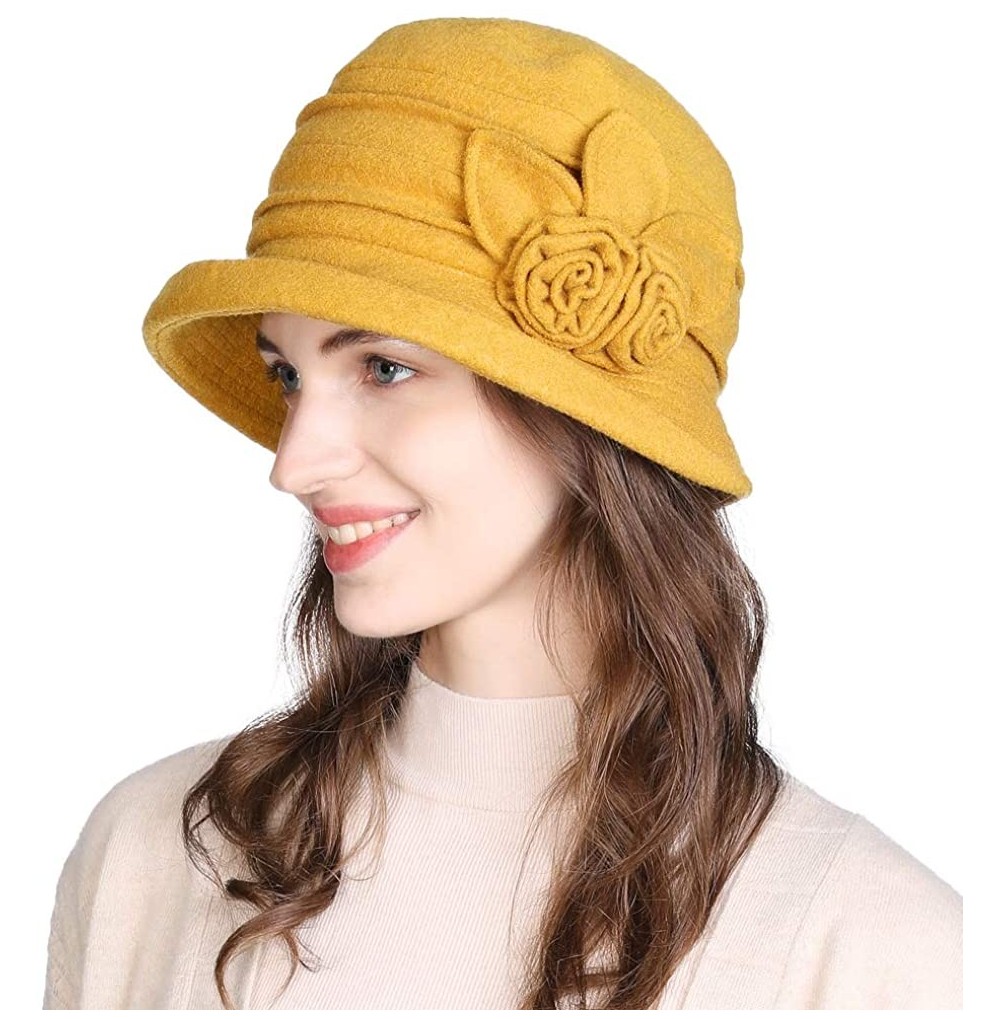 Bucket Hats Womens Wool Blend Winter Bucket 1920s Vintage Derby Hat Fedora Round Fall Bowler 55-59cm - 16076-yellow - C618ZCO...