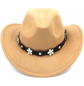 Cowboy Hats Women Western Cowboy Hat Wide Brim Cowgirl Cap Flower Charms Leather Band - Camel - CT188339GQ5