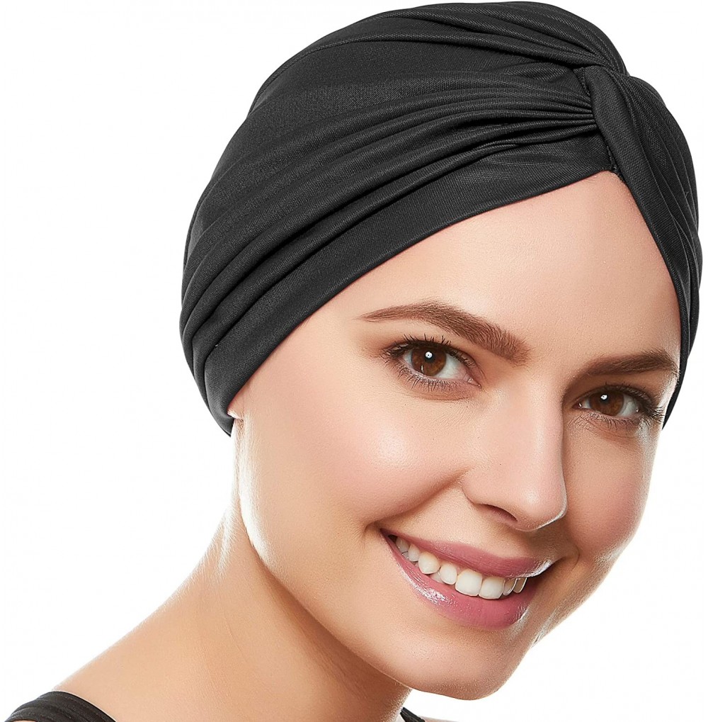 Headbands Womens Swim Cap Bathing Turban-Polyester Twisted Pleated Turban Head Cover - Black - C011LO2KDE3