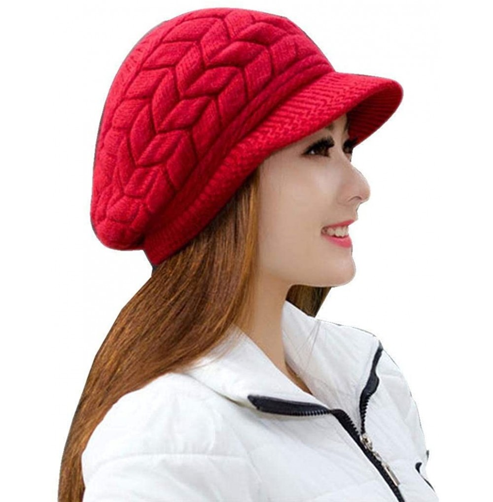 Skullies & Beanies Womens Winter Warm Knitted Hats Slouchy Wool Beanie Hat Cap with Visor - Red - C518NMA87X5