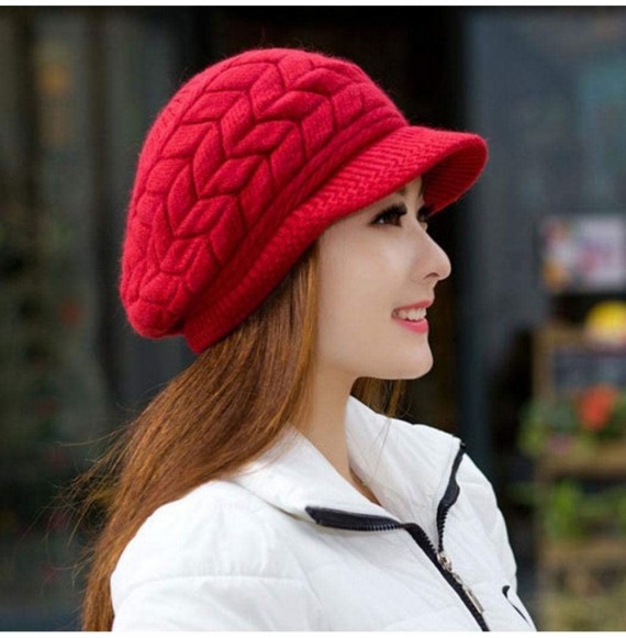 Skullies & Beanies Womens Winter Warm Knitted Hats Slouchy Wool Beanie Hat Cap with Visor - Red - C518NMA87X5