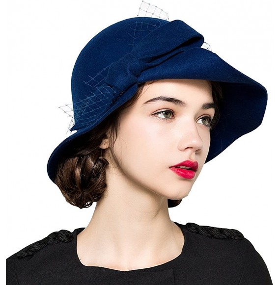 Fedoras Women's Bow Flowers Wool Felt Bowler Hat - Royal Blue - CL12MCI8H81