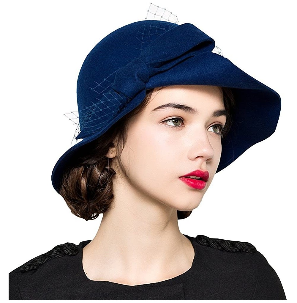 Fedoras Women's Bow Flowers Wool Felt Bowler Hat - Royal Blue - CL12MCI8H81
