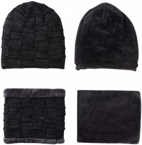 Skullies & Beanies Mens Winter Hats Slouchy Beanie Hat Scarf Set Knit Fleece Lining Gift - Black - CH18I29D2K2