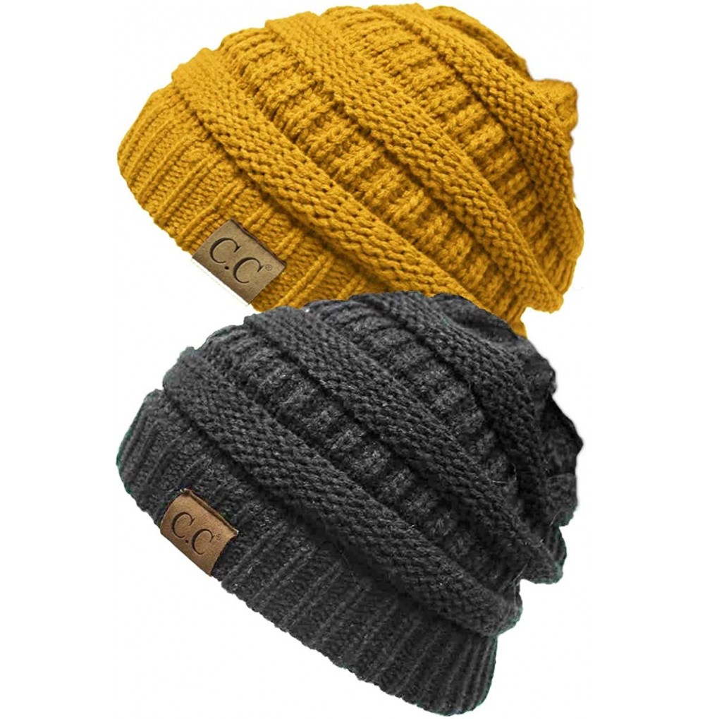 Skullies & Beanies Solid Ribbed Beanie Slouchy Soft Stretch Cable Knit Warm Skull Cap - 2 Pack - Charcoal & Mustard - C518HY4...