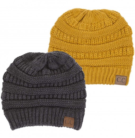 Skullies & Beanies Solid Ribbed Beanie Slouchy Soft Stretch Cable Knit Warm Skull Cap - 2 Pack - Charcoal & Mustard - C518HY4...