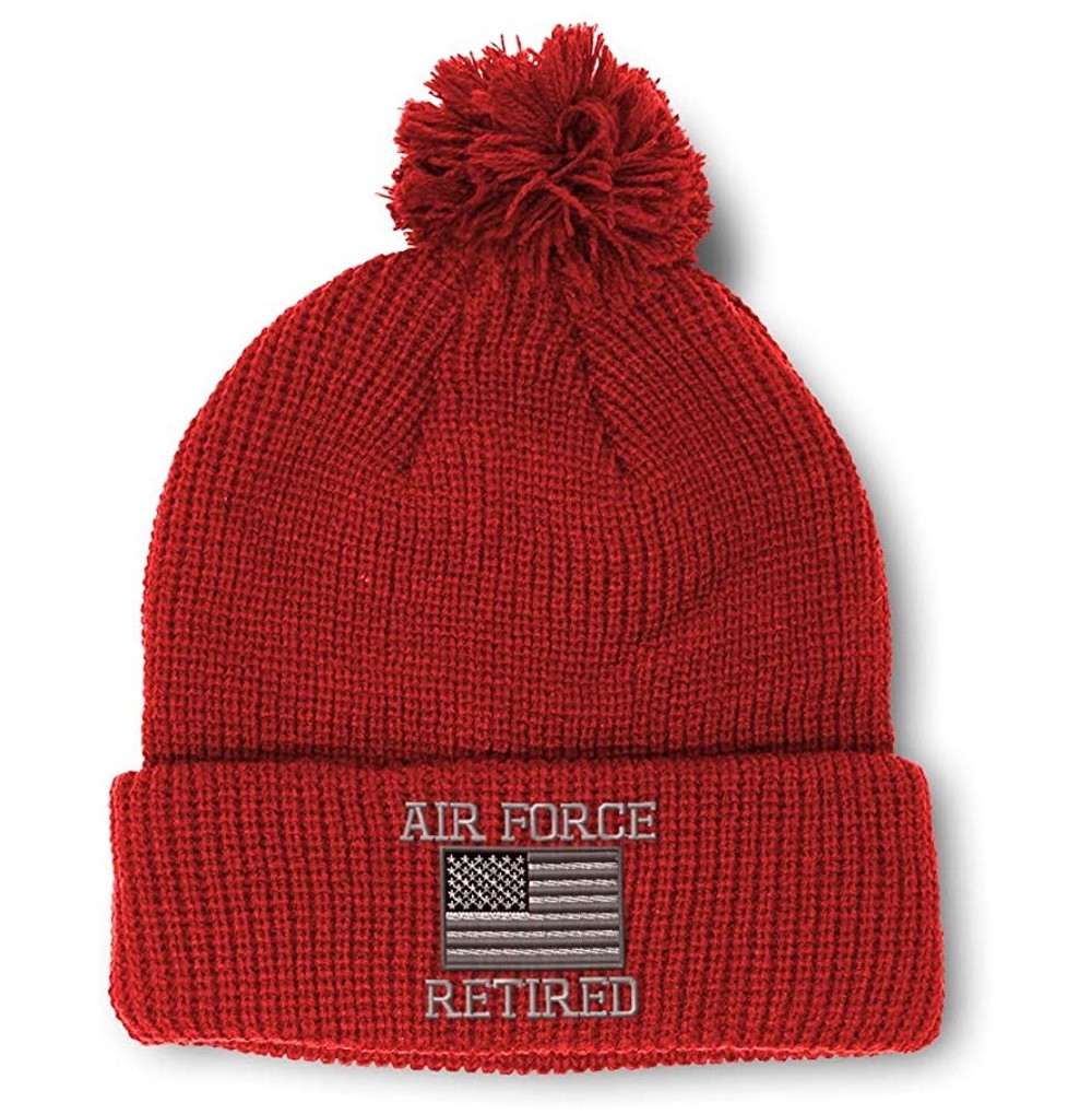 Skullies & Beanies Winter Pom Pom Beanie Men & Women Us Air Force Retired Embroidery Skull Cap Hat - Red - C318A0CAX96