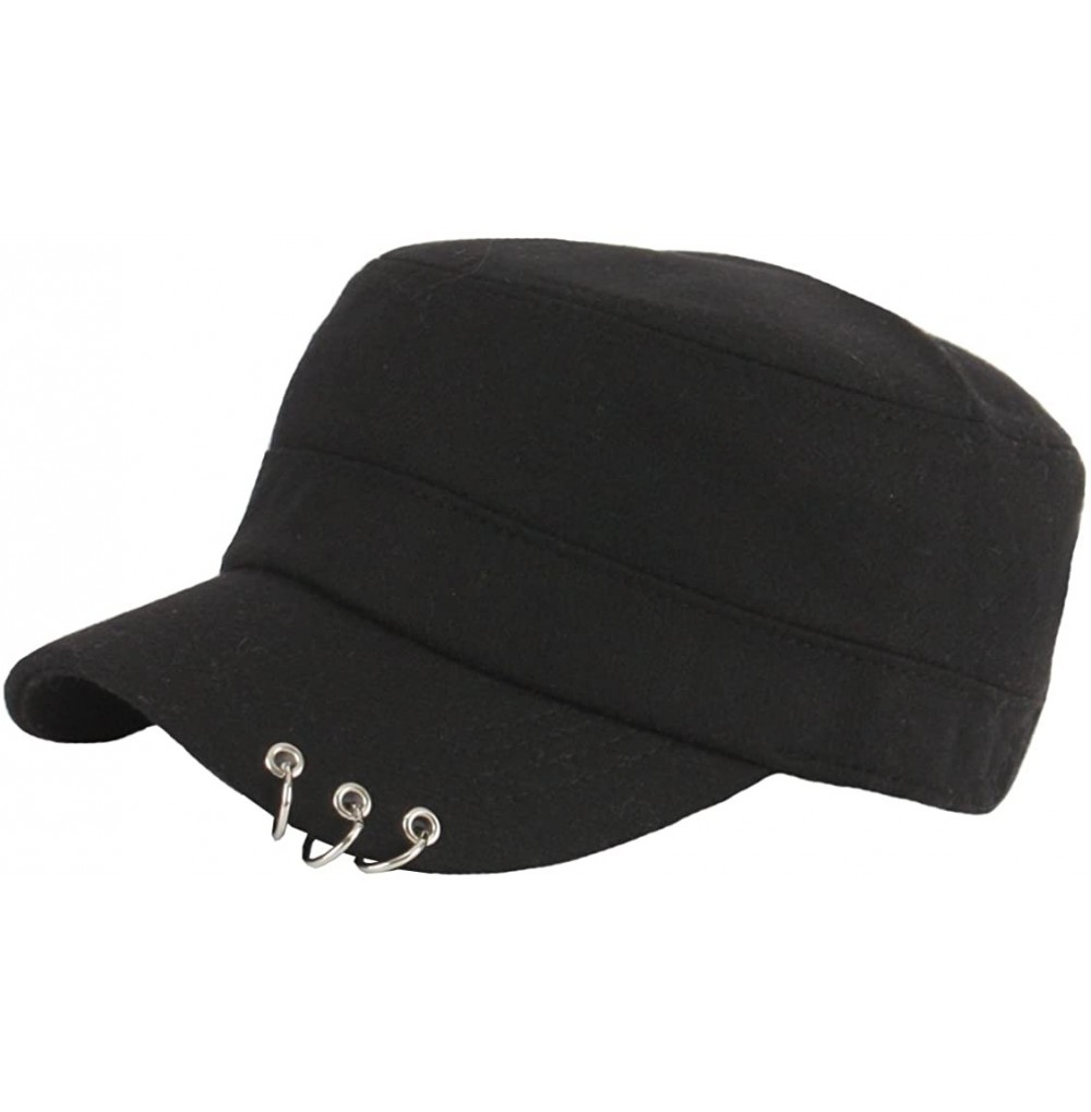 Baseball Caps A148 Winter Wool Fabric Silver Ring Piercing Golf Army Cap Cadet Military Hat - Black - C012NB71GUC