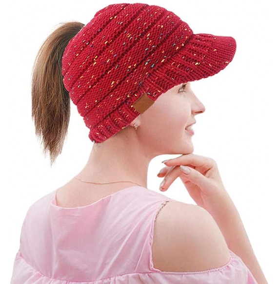 Skullies & Beanies Women's Warm Chunky Cable Knit Messy Bun Hat Ponytail Visor Beanie Cap - Confetti Red - CS18LNHTYY6