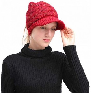 Skullies & Beanies Women's Warm Chunky Cable Knit Messy Bun Hat Ponytail Visor Beanie Cap - Confetti Red - CS18LNHTYY6