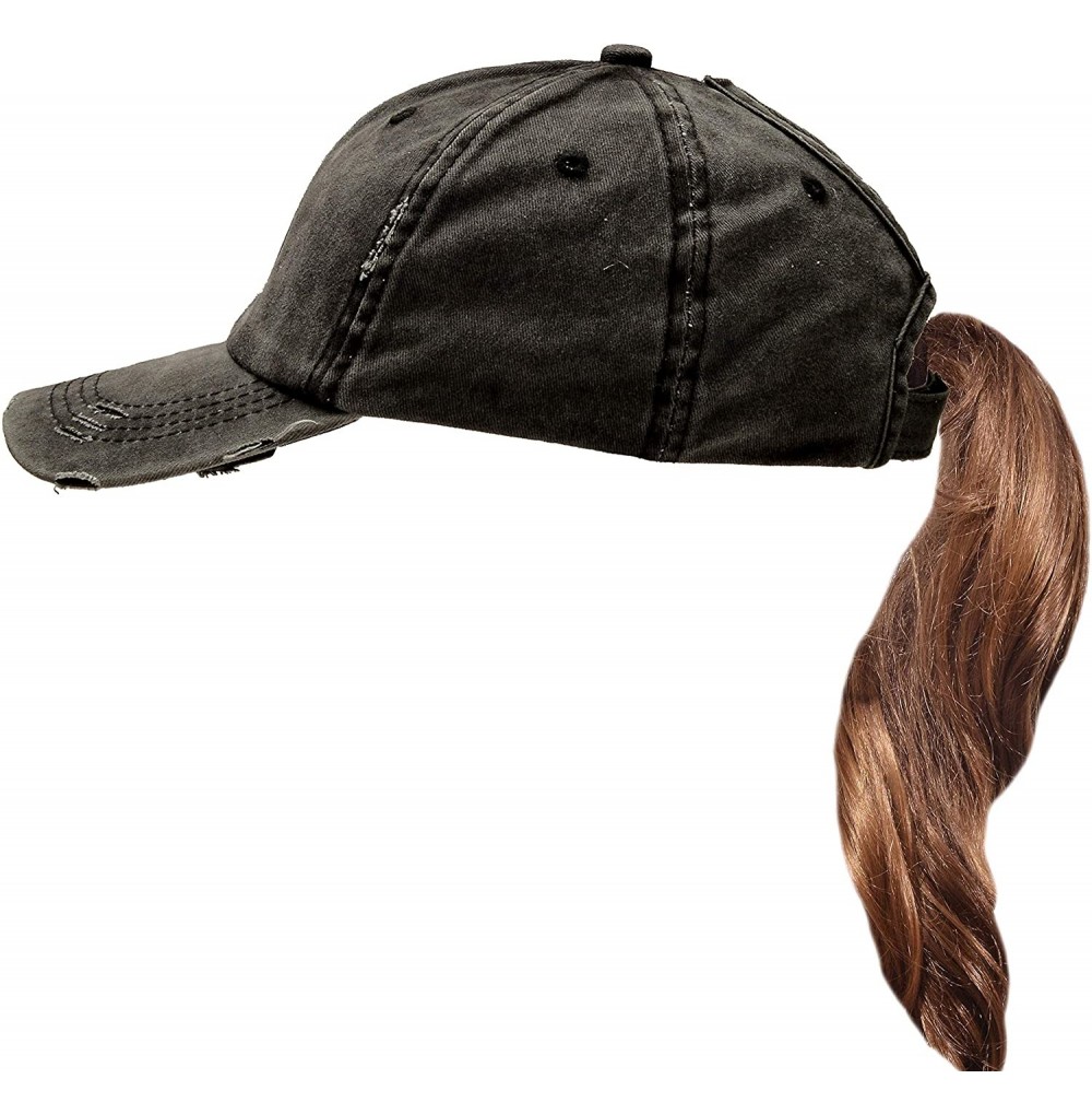 Baseball Caps Ponytail Baseball Cap High Bun Ponycap Adjustable Mesh Trucker Hats - Washed Cotton (Distressed) - Black - CK18...