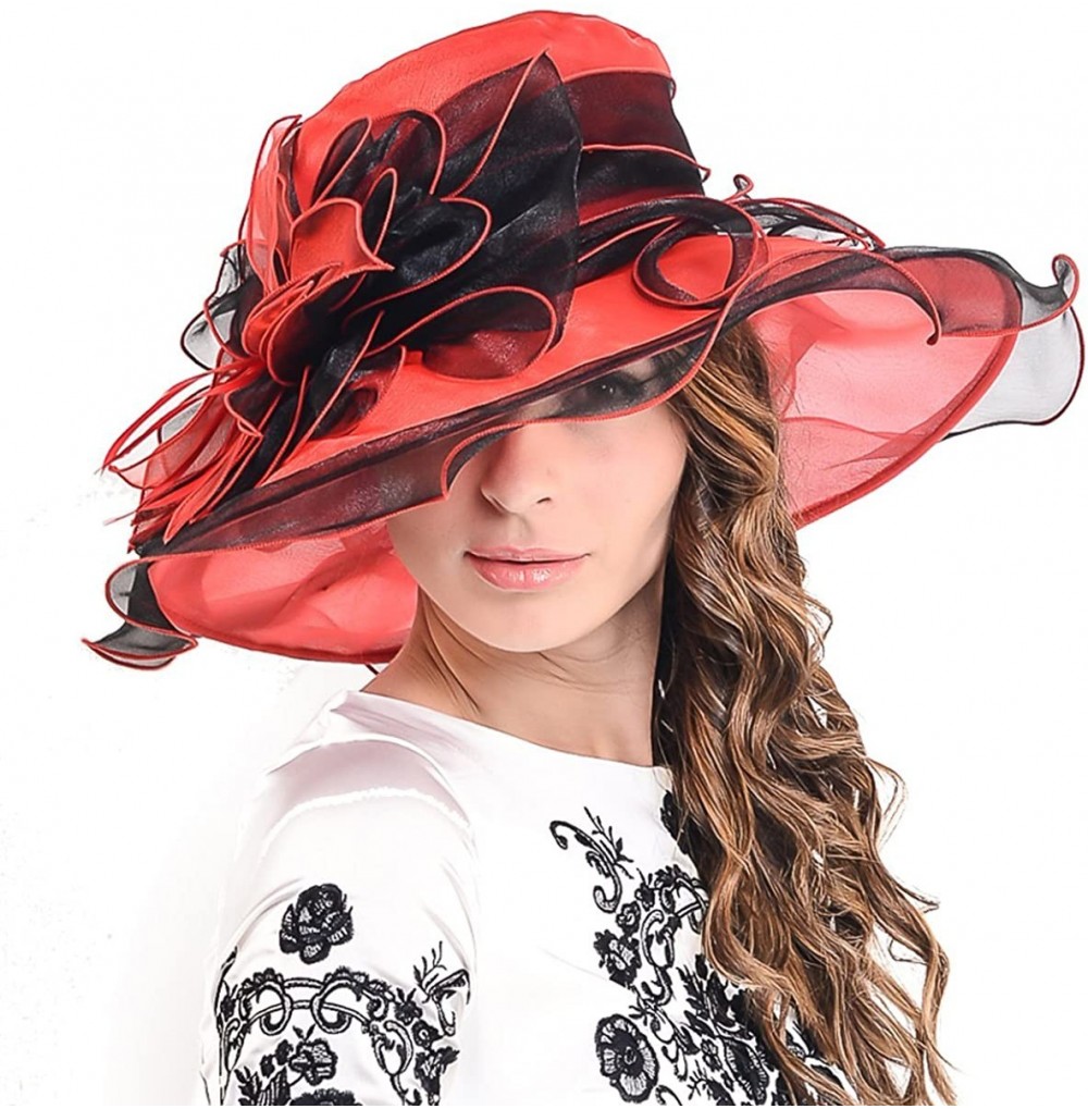 Sun Hats Womens Church Dress Derby Wedding Floral Tea Party Hat Ss-035 - Large Brim-red Black - C312BSA4CEL