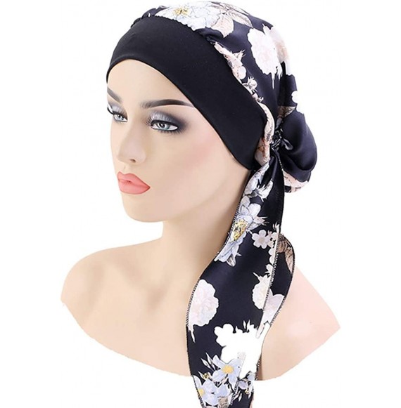 Skullies & Beanies Women Vintage Silky Turbans Bonnet Elastic Wide Band Multifunction Printing Hat Chemo Hair Loss Cap - C-bl...