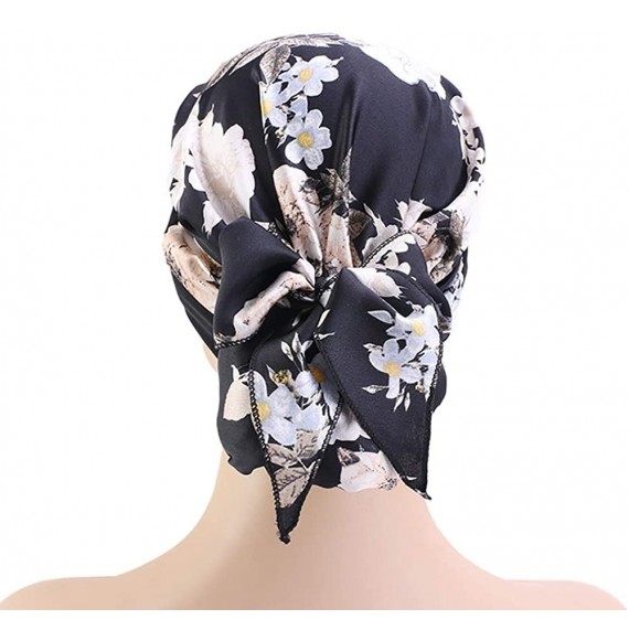 Skullies & Beanies Women Vintage Silky Turbans Bonnet Elastic Wide Band Multifunction Printing Hat Chemo Hair Loss Cap - C-bl...