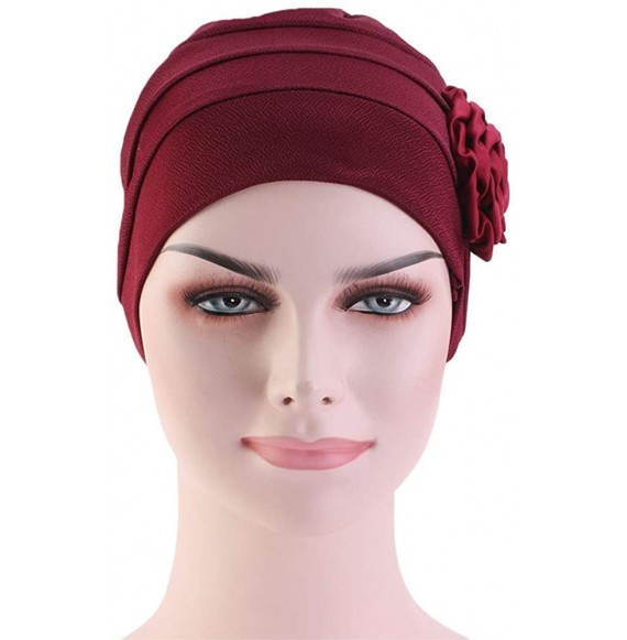 Skullies & Beanies Chemo Turban Flower Beanie Cap Pleated Hair Loss Hat for Cancer - Wine - CT18U9COGTL