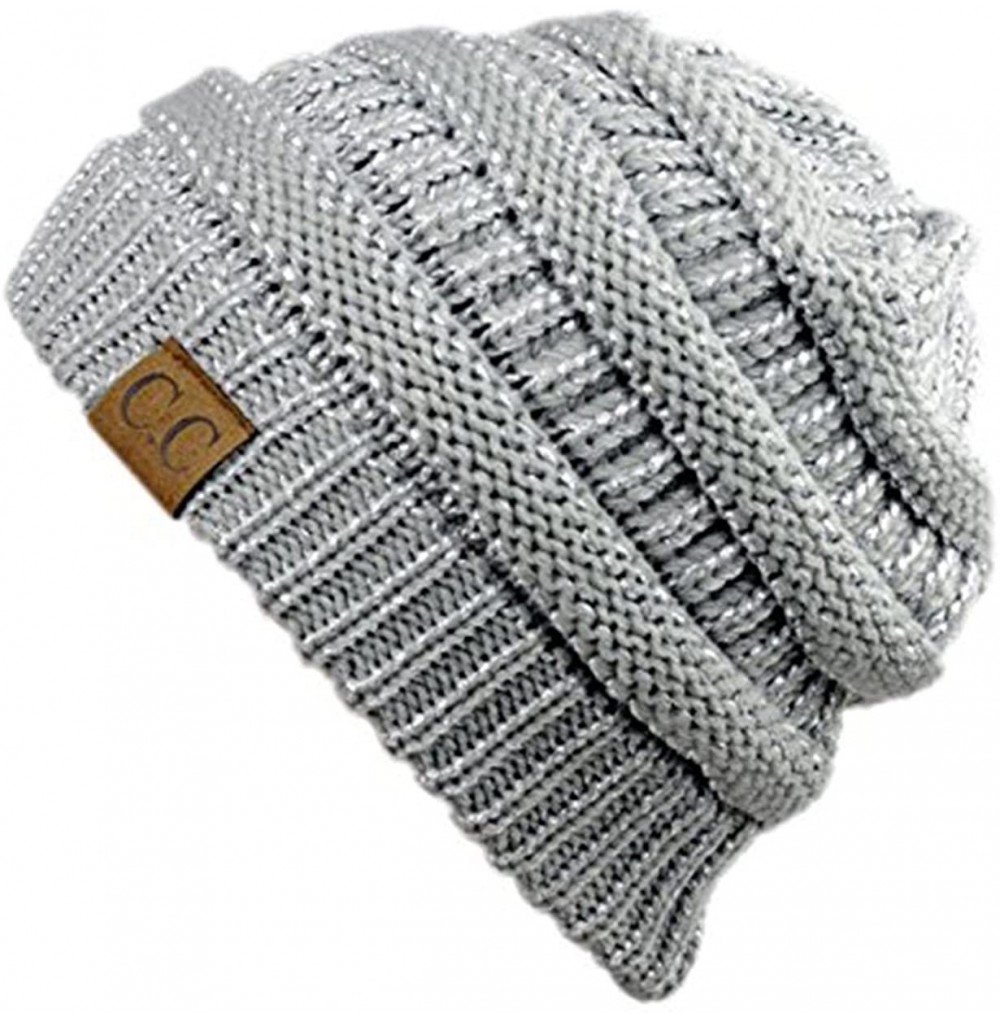 Skullies & Beanies USA Trendy Warm Chunky Soft Stretch Cable Knit Slouchy Beanie - Metallic Silver - CJ120J4P7JH