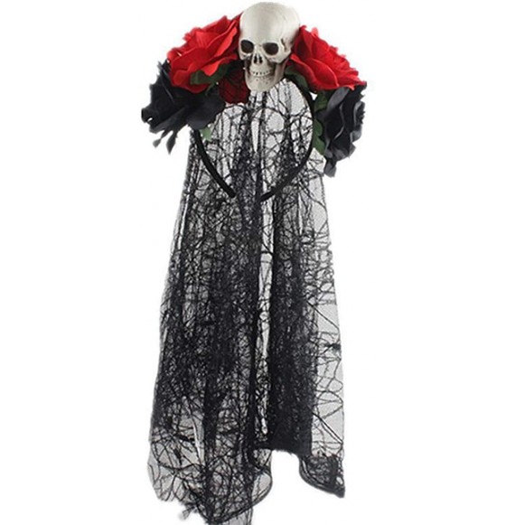 Headbands Day of The Dead Rose Skull Headpiece Flower Crown Festival Headband HC31 - Black Red Veil - CM18IK6E33C