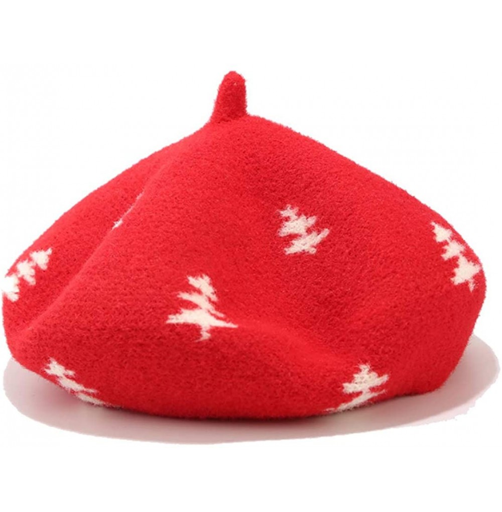 Berets Christmas Tree Pattern Wool Beret Hat Soft Knitted French Artist Hats Cute Winter Warm Caps - Red - CX18AEG4S9D