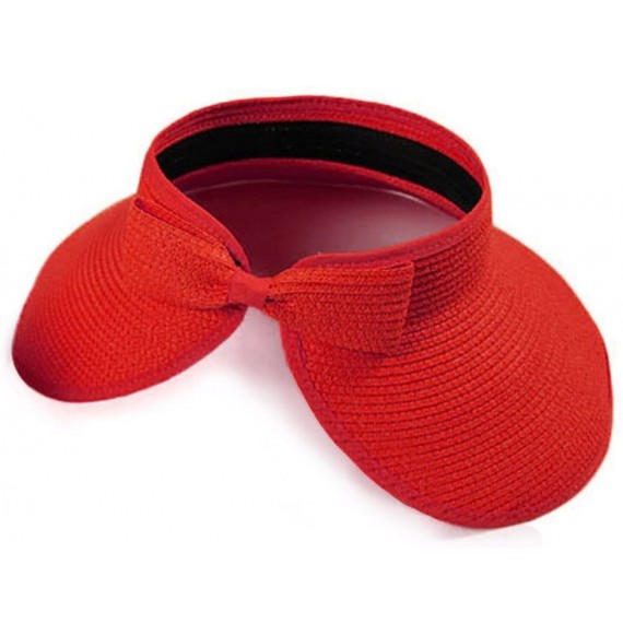Sun Hats Women & Children Beach Hat Sun Visor Foldable Roll up Wide Brim Straw Hat Cap - Adult Size Color Red - C611ZV068TN