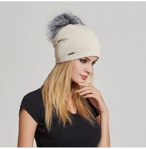 Skullies & Beanies Women's Slouchy Beanie Hat with Fur Pompom Warm Winter Hat - Beige( Gray Pompom) - CC185K8I496