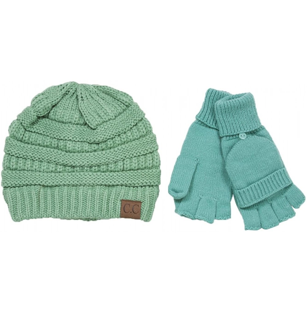 Skullies & Beanies Soft Knit Beanie and Fingerless Mitten Gloves Set - Sage Green - C41888TGG9G