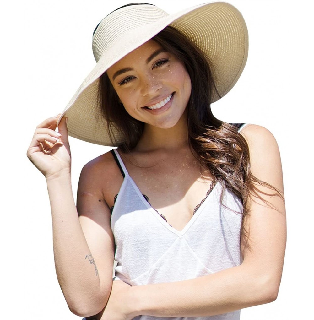 Sun Hats Women Mens UPF 50+ Wide Brim Starw Sun Hat Roll Up Panama Fedora Beach Hat - Beige White Mix - CR1968DSMMA