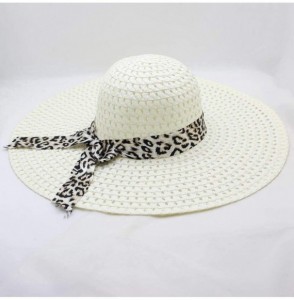 Sun Hats Women Lady Leopard Ribbon Mesh Wide Brim Floppy Beach Hat Straw Hat Sun Hat - Milk White - CN18OQS7SG6