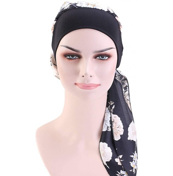 Skullies & Beanies Women Vintage Silky Turbans Bonnet Elastic Wide Band Multifunction Printing Hat Chemo Hair Loss Cap - Blac...