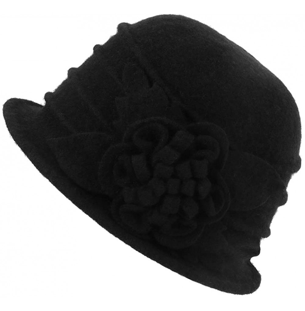 Bucket Hats Women's Winter Wool Cloche Bucket Hat Slouch Wrinkled Beanie Cap with Flower - Black - CM186AMNT89